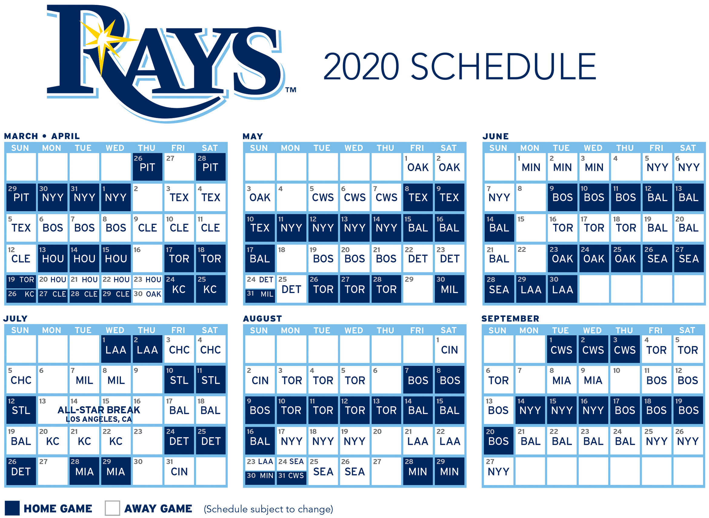 2020 Tampa Bay Rays Schedule